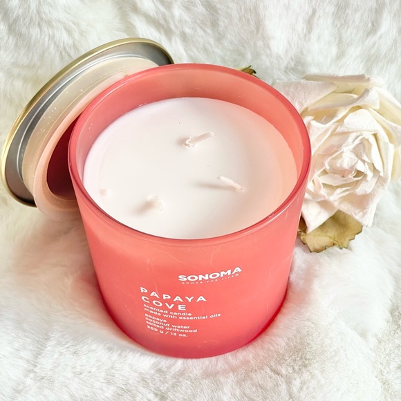 New with tags SONOMA PAPAYA COVE SCENTED CANDLE with Essential Oils 13oz 3 wick - Picture 2 of 6